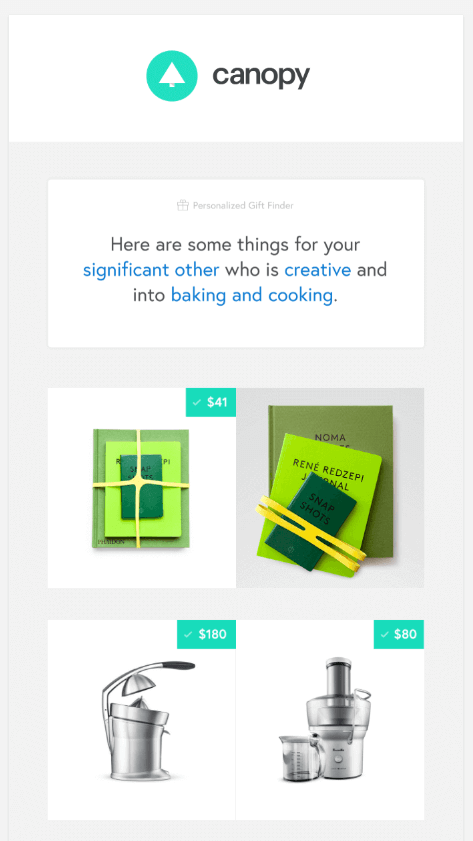 Canopy Product Recommendations Email